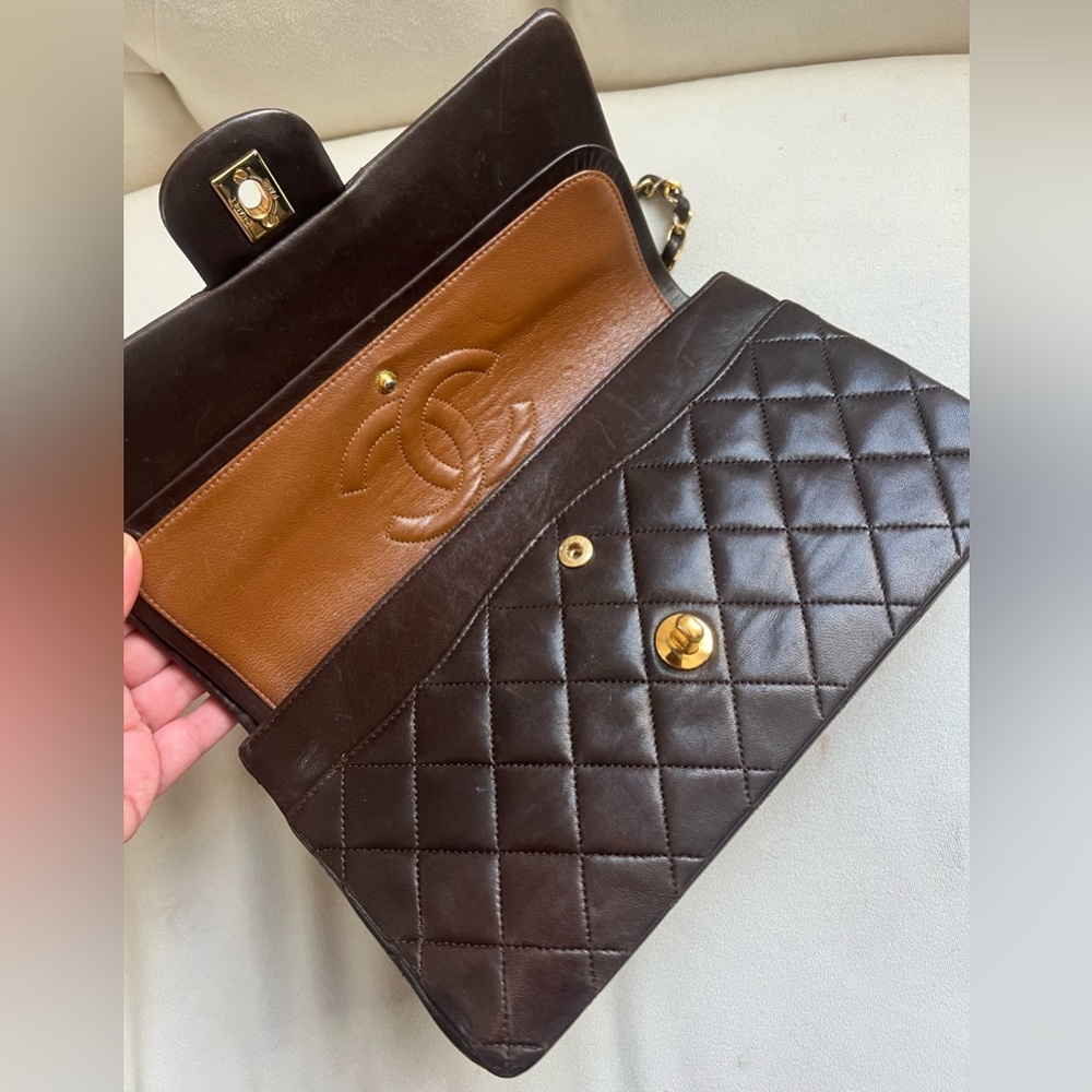 Rare🤎Chanel Classic Double Flap Brown Quilted Lambskin within 24K Gold Plated - Picture 8 of 16